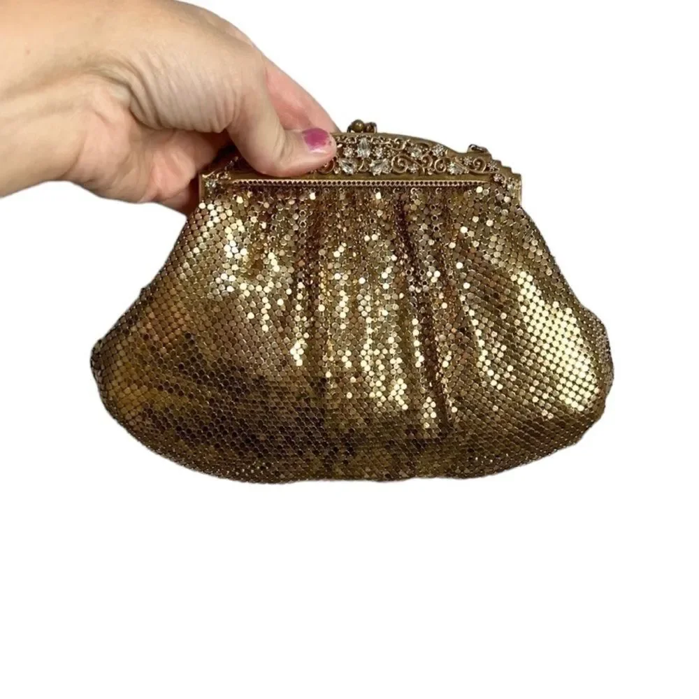 Vintage Whiting & Davis Gold Metal Mesh Rhinestone Kisslock Clutch 1940s/1950s